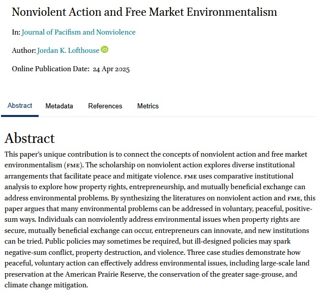 jpacnv's tweet image. 📰@JordanLofthouse brings together literatures on nonviolent action & free market #environmentalism to argue that property rights, entrepreneurship, & mutually beneficial exchange can help address environmental problems: doi.org/10.1163/277278…