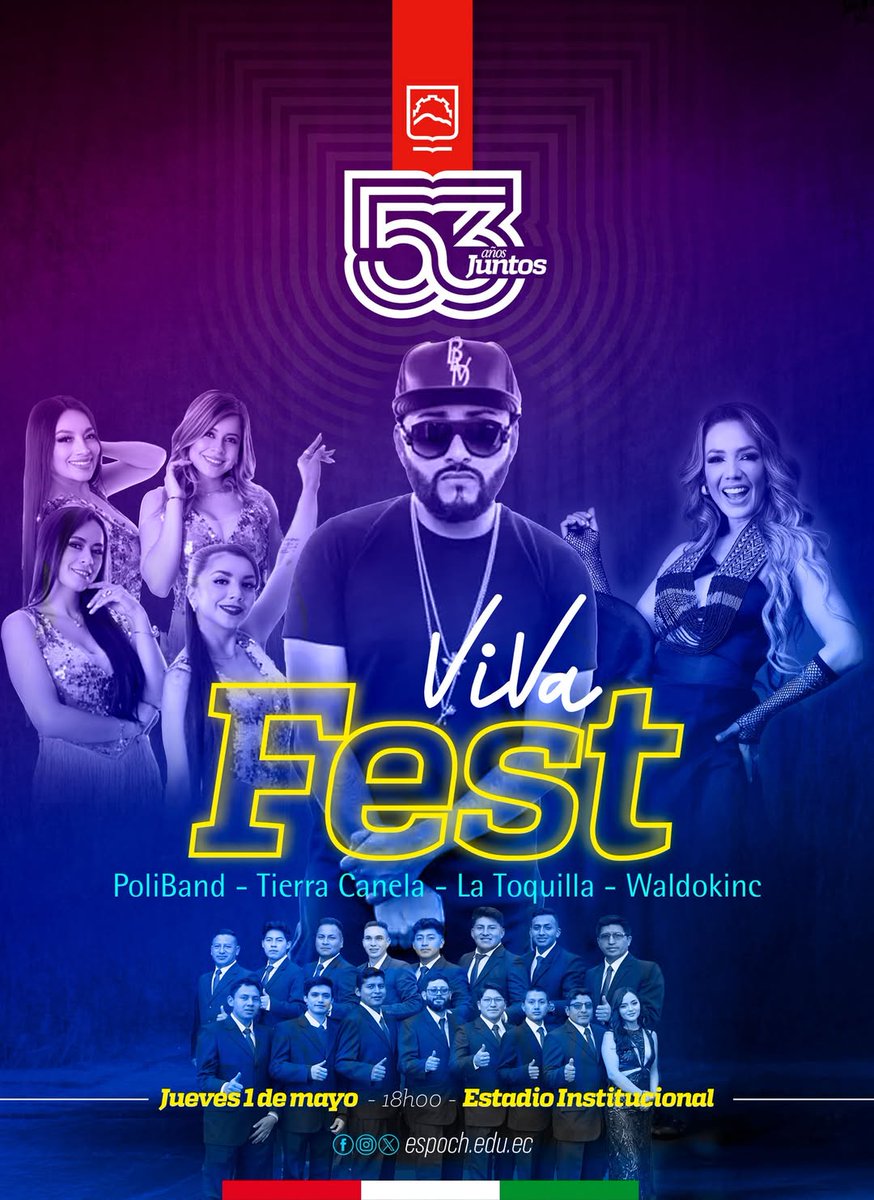 EspochRio's tweet photo. 📷¡#VIVAFEST #ESPOCH!
Prepárate para celebrar 53 años de historia politécnica con música, alegría y todo el orgullo que nos une.
#WaldokincElTroyano, #LaToquilla, #TierraCanela y nuestra querida #PoliBand!
#VivaFestESPOCH #OrgulloPolitécnico #ESPOCH53Años https://t.co/C0zhaaR8BV