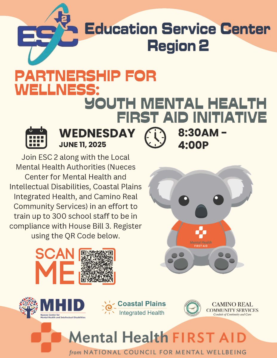 ESCRegion2's tweet photo. 🌟 PARTNERSHIP FOR WELLNESS: Youth Mental Health First Aid Initiative 🌟
📅 Date: Wednesday, June 11, 2025
🕣 Time: 8:30 AM – 4:00 PM
📍 Hosted by Education Service Center, Region 2
Let’s build a stronger, healthier future for our students! #ESC2Excellence https://t.co/QMixr4Hmlh