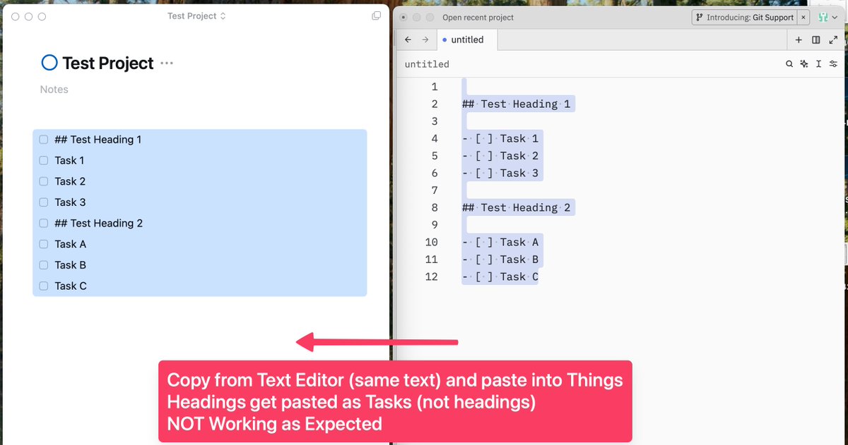 bryanmanwaring's tweet photo. @culturedcode I am wanting to take a markdown list from a 3rd party app or text app and paste it into Things 3.  You can copy in Things and paste into text editor with headings.  You can't take the same text with headings and paste into Things 3 properly.  Here's an example. https://t.co/6tuQA1ZBC0