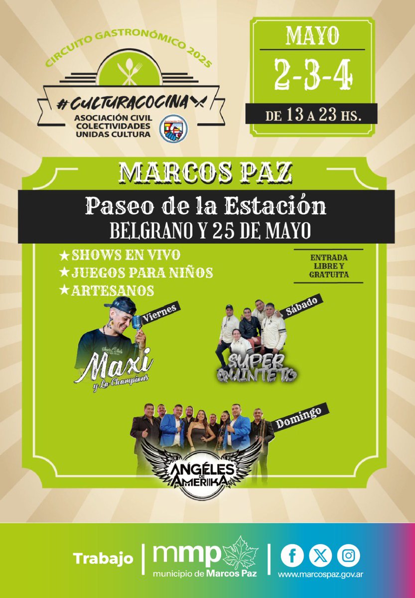 📌 #CulturaCocina - Circuito gastronómico 2025

👉 Gastronomía, juegos para niños, artesanos y shows en vivo!

🗓️ 2, 3 y 4 de mayo 
🕐 De a 13 a 23hs
📍 Paseo de la Estación