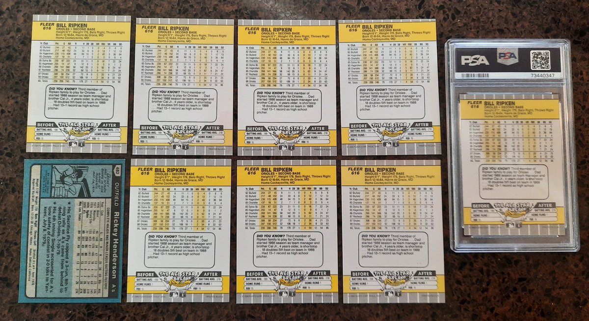 All for sale! The Ripken errors are $75.00 each . The scribble error is $30.00 . The psa 9 Ripen black box is $50.00. And the Henderson rookie is $90.00. All prices include shipping.