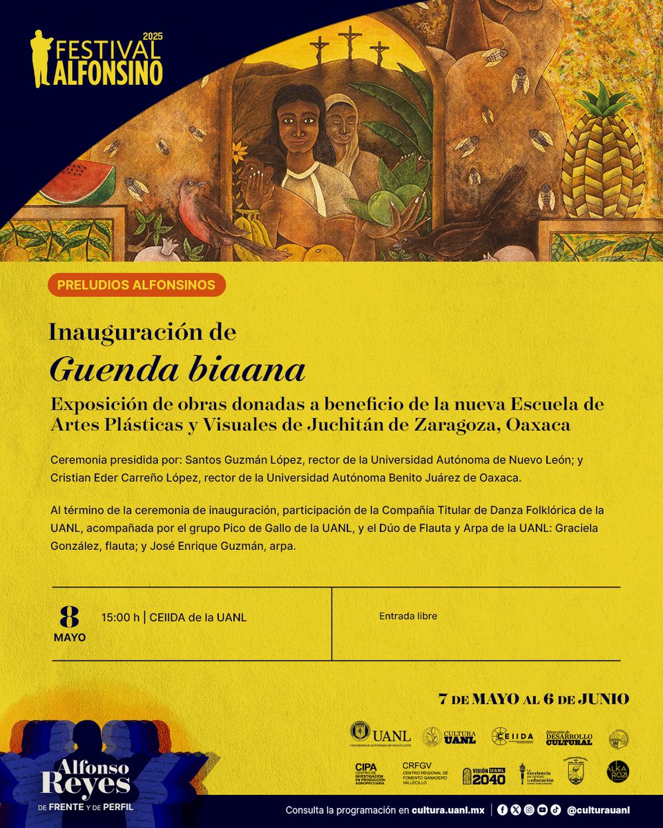 CulturaUANL's tweet photo. El 8 de mayo, como parte de los Preludios Alfonsinos, se realizará la inauguración de "Guenda biaana". 
Exposición de obras donadas a beneficio de la nueva Escuela de Artes Plásticas y Visuales de Juchitán de Zaragoza, Oaxaca, en el #CEIIDA.
Entrada libre. https://t.co/gTxhZSIwfb
