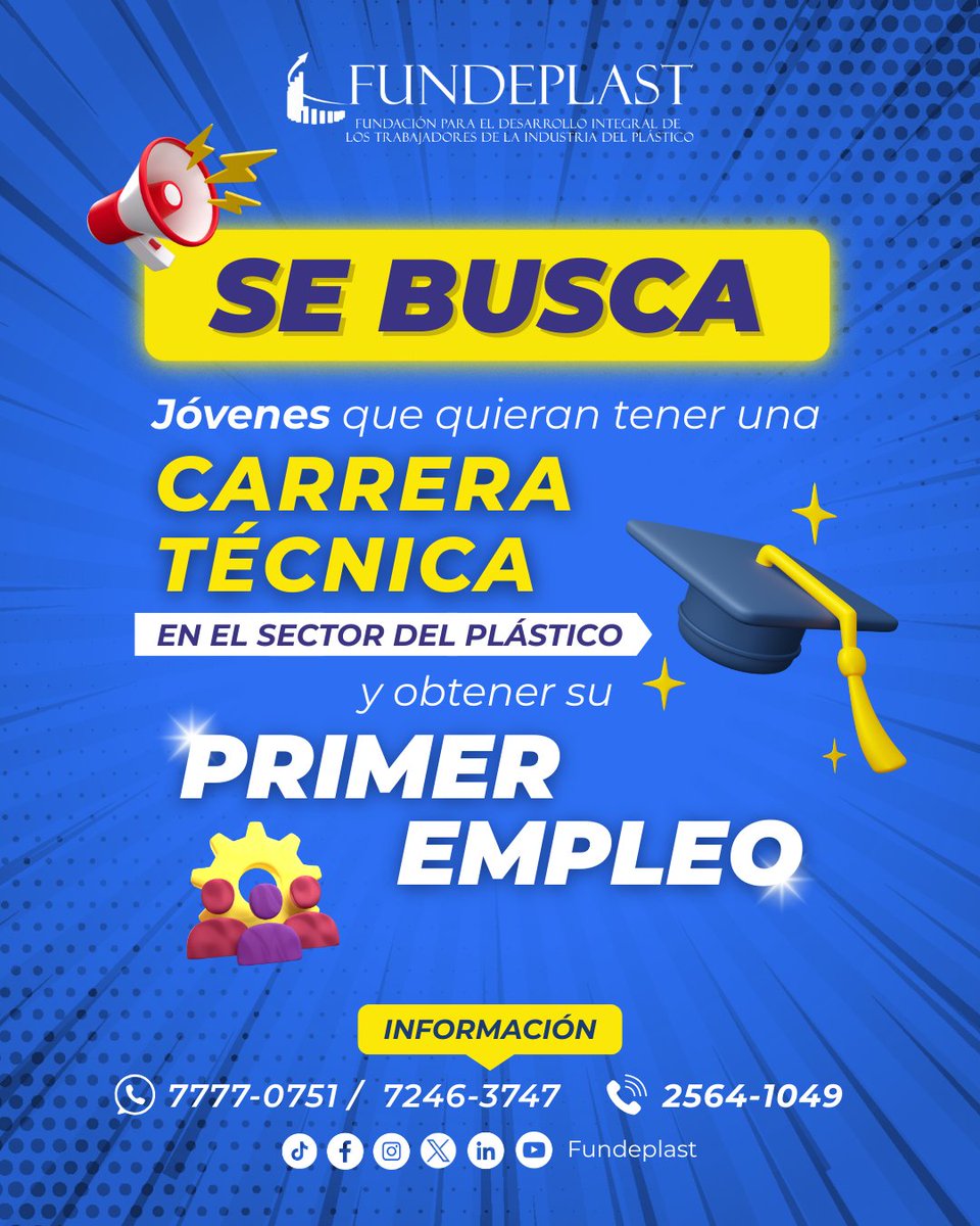 🚀 ¡Tu futuro empieza HOY!

¿Listo para tener una Carrera Técnica en el sector del plástico y conseguir tu primer empleo? 🎯

📞 Más info: 7777-0751 / 7246-3747 / 2564-1049
🔵 Síguenos en redes: <a href="/fundeplast/">FUNDEPLAST</a>

#fundeplast #formacionprofesional #grátis
