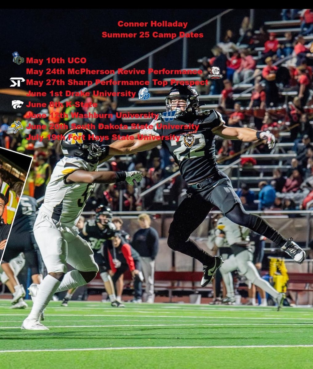 Conner Holladay (@connerholladay1) on Twitter photo Camp dates this year. DM me if you’d like me to attend one of your camps! <a href="/ucobronchofb/">UCO Football</a> <a href="/Coach_TPearson/">Thomas Pearson</a> <a href="/MACBulldogsFB/">McPherson Football</a> <a href="/CoachJFisc/">Coach Fiscus</a> <a href="/Zane_Cornejo514/">Zane Cornejo</a> <a href="/sharp_spelite/">Sharp Performance</a> <a href="/KStateRecruits/">Kansas State Recruiting</a> <a href="/spedbraet/">Taylor Braet</a> <a href="/CoachKli/">Chris Klieman</a> <a href="/CoachAnderson15/">Coach Brian Anderson</a> <a href="/DrakeBulldogsFB/">Drake Football</a> <a href="/Coach_VasquezAJ/">A.J. Vasquez</a> <a href="/Coach_Hickel/">Layton Hickel</a> <a href="/CoachKMurph/">Kyle Murphy</a> Camp dates this year. DM me if you’d like me to attend one of your camps! <a href="/ucobronchofb/">UCO Football</a> <a href="/Coach_TPearson/">Thomas Pearson</a> <a href="/MACBulldogsFB/">McPherson Football</a> <a href="/CoachJFisc/">Coach Fiscus</a> <a href="/Zane_Cornejo514/">Zane Cornejo</a> <a href="/sharp_spelite/">Sharp Performance</a> <a href="/KStateRecruits/">Kansas State Recruiting</a> <a href="/spedbraet/">Taylor Braet</a> <a href="/CoachKli/">Chris Klieman</a> <a href="/CoachAnderson15/">Coach Brian Anderson</a> <a href="/DrakeBulldogsFB/">Drake Football</a> <a href="/Coach_VasquezAJ/">A.J. Vasquez</a> <a href="/Coach_Hickel/">Layton Hickel</a> <a href="/CoachKMurph/">Kyle Murphy</a>
