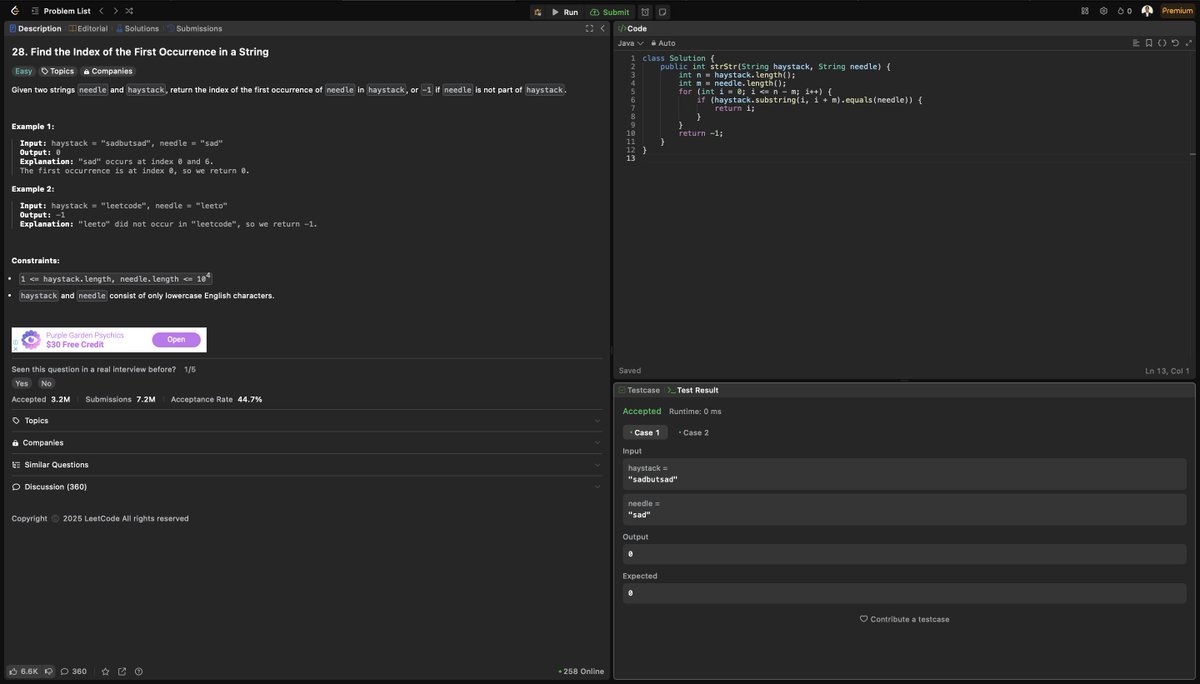 erpriyanshurao's tweet photo. 🌳 Day 48 of #100DaysOfCode
 
📘 LeetCode 28 – Find the Index of the First Occurrence in a String

#LeetCode #Java #StringMatching #Coding #100DaysOfCode #TechJourney https://t.co/FkGh3Qwa4F