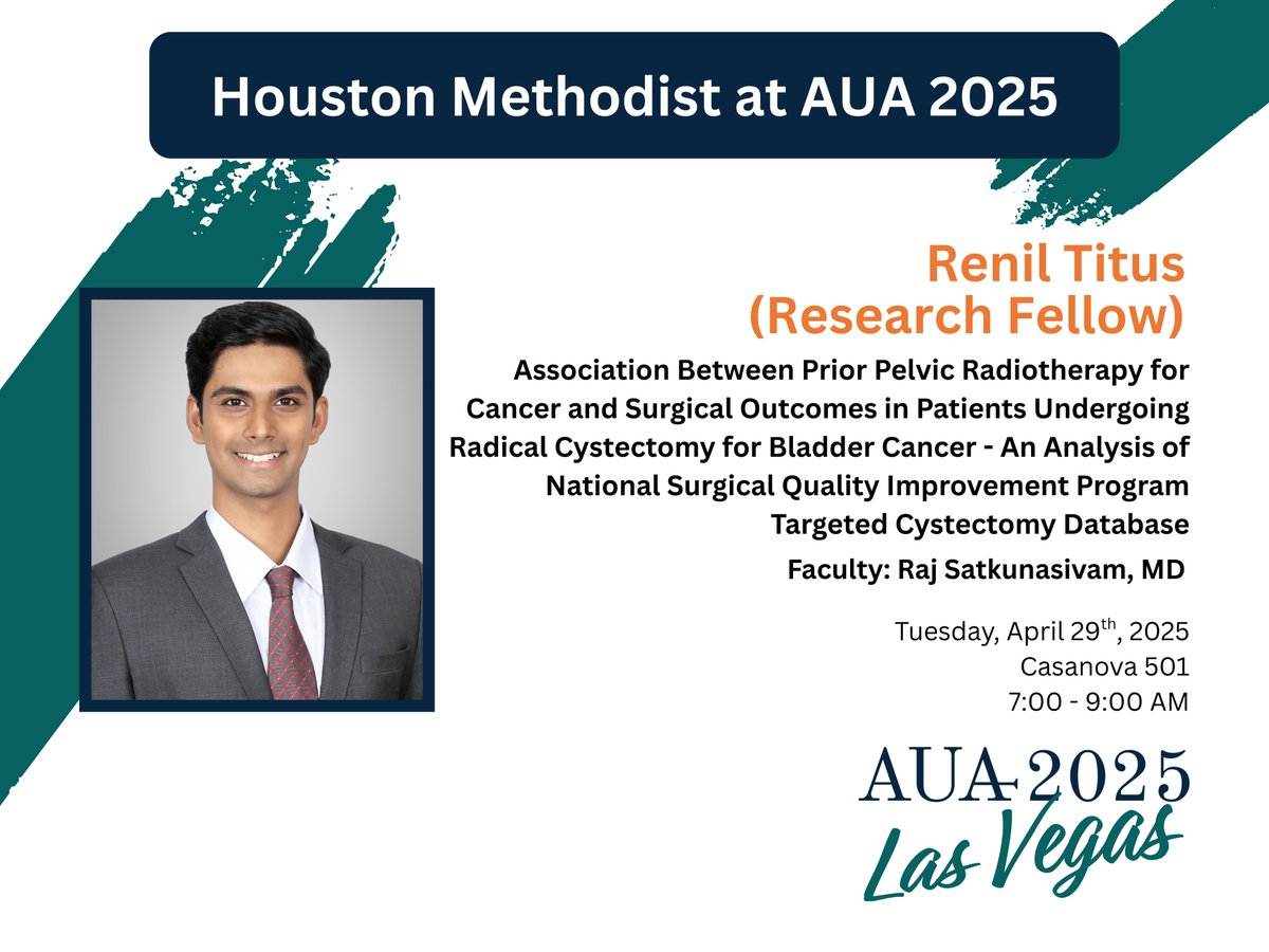 Houston Methodist Urology and Residency Program (@hmethodisturo) on Twitter photo Join <a href="/RenilTitus/">Renil S. Titus</a> at #AUA25 tomorrow!
"Association Between Prior Pelvic Radiotherapy for Cancer and Surgical Outcomes in Patients Undergoing Radical Cystectomy for Bladder Cancer - An Analysis of National Surgical ..."
🕑7:00-9:00 AM
🗺️Casanova 501
<a href="/AmerUrological/">Amer. Urol. Assn.</a> <a href="/DrRajSat/">Raj Satkunasivam</a> Join <a href="/RenilTitus/">Renil S. Titus</a> at #AUA25 tomorrow!
"Association Between Prior Pelvic Radiotherapy for Cancer and Surgical Outcomes in Patients Undergoing Radical Cystectomy for Bladder Cancer - An Analysis of National Surgical ..."
🕑7:00-9:00 AM
🗺️Casanova 501
<a href="/AmerUrological/">Amer. Urol. Assn.</a> <a href="/DrRajSat/">Raj Satkunasivam</a>