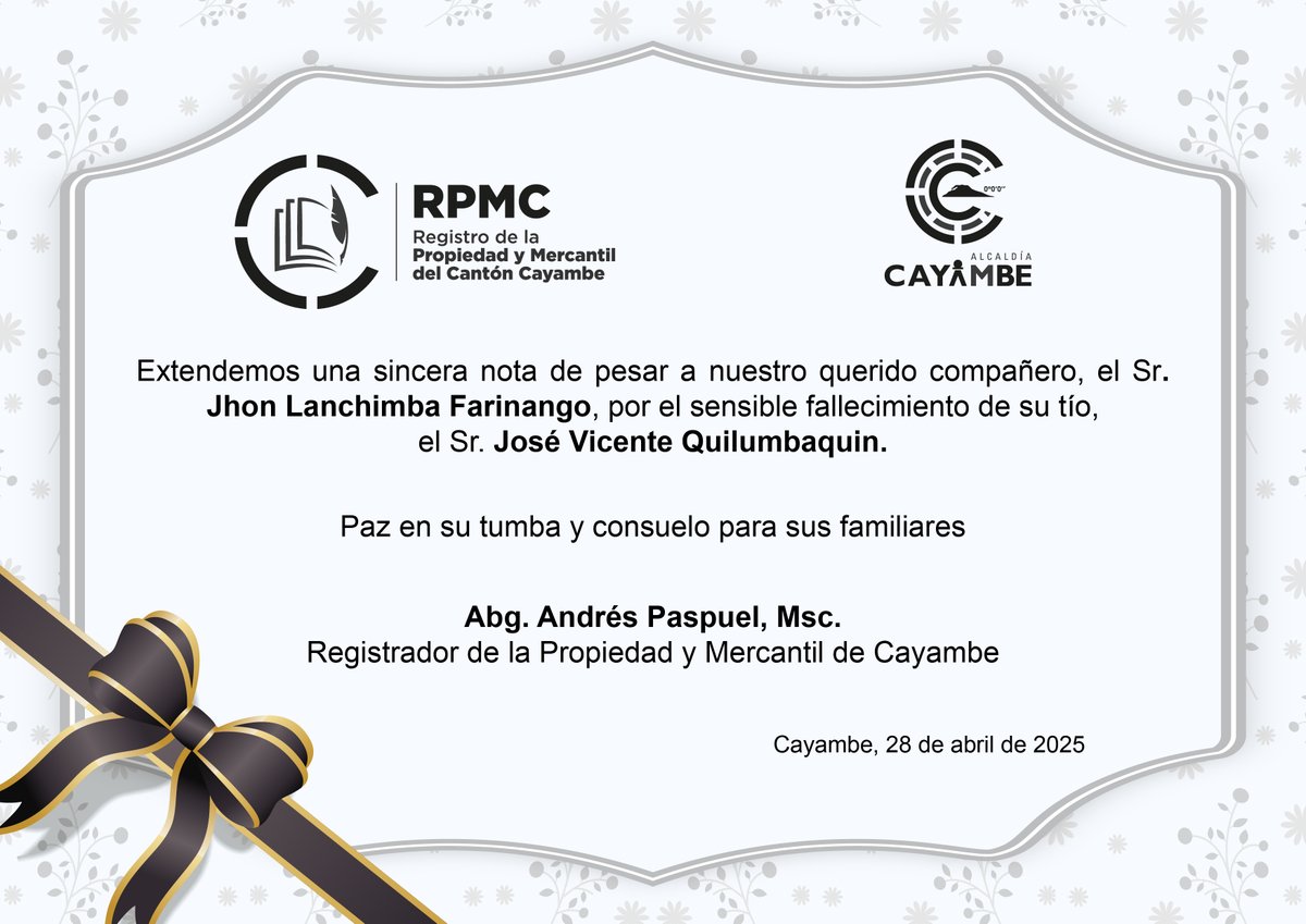 🖤🕊 El #RPMC extiende una profunda nota de pesar a nuestro querido compañero, el Sr. Jhon Lanchimba Farinango, ante la irreparable pérdida de su tío, el Sr. José Vicente Quilumbaquín. 

💐Paz en su tumba
#Registrodelapropiedad
#RegistroMercantil
#CayambeRenace