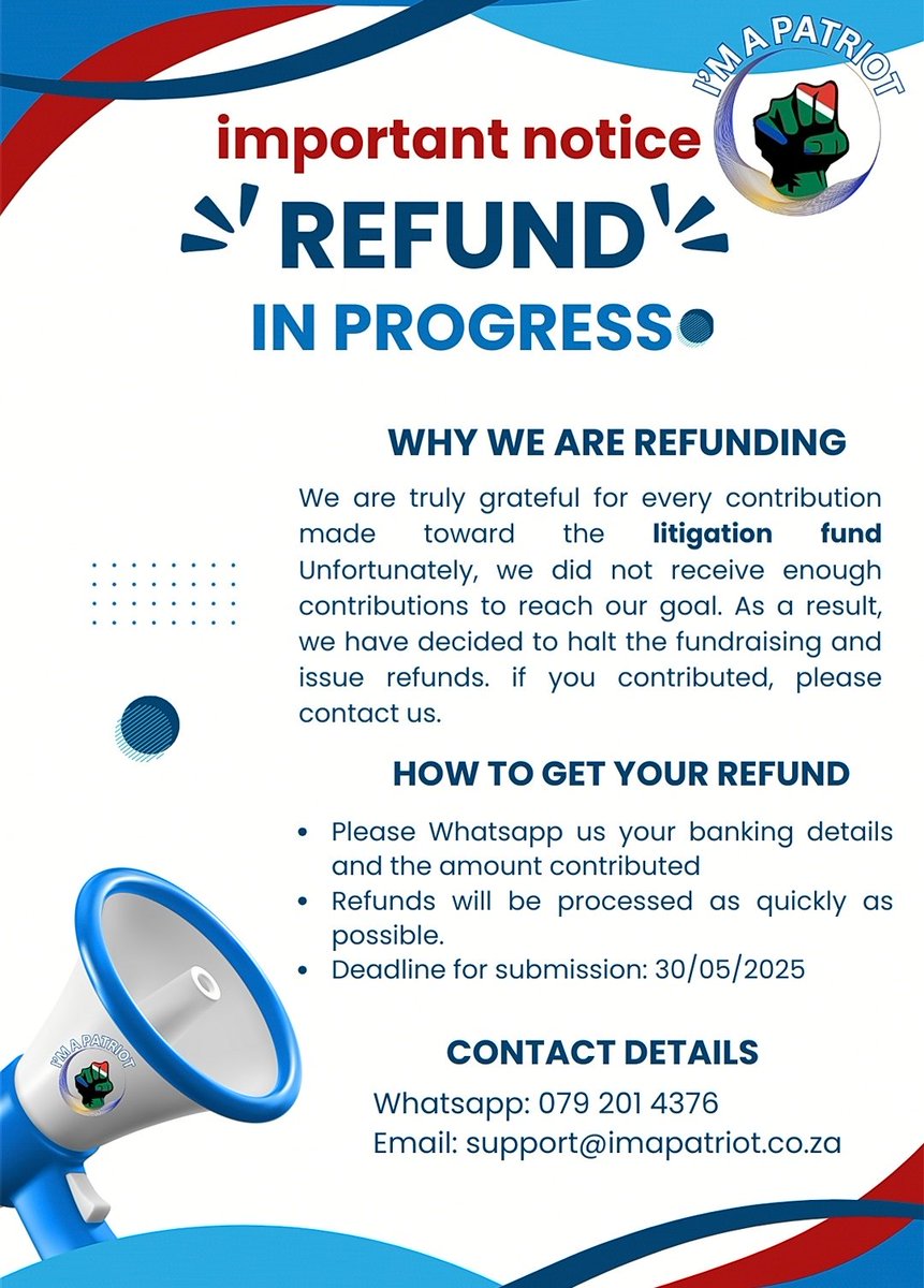 Good evening Patriots, please contact us on WhatsApp if you have contributed towards the litigation fund, details on the pumphlet. Thank you