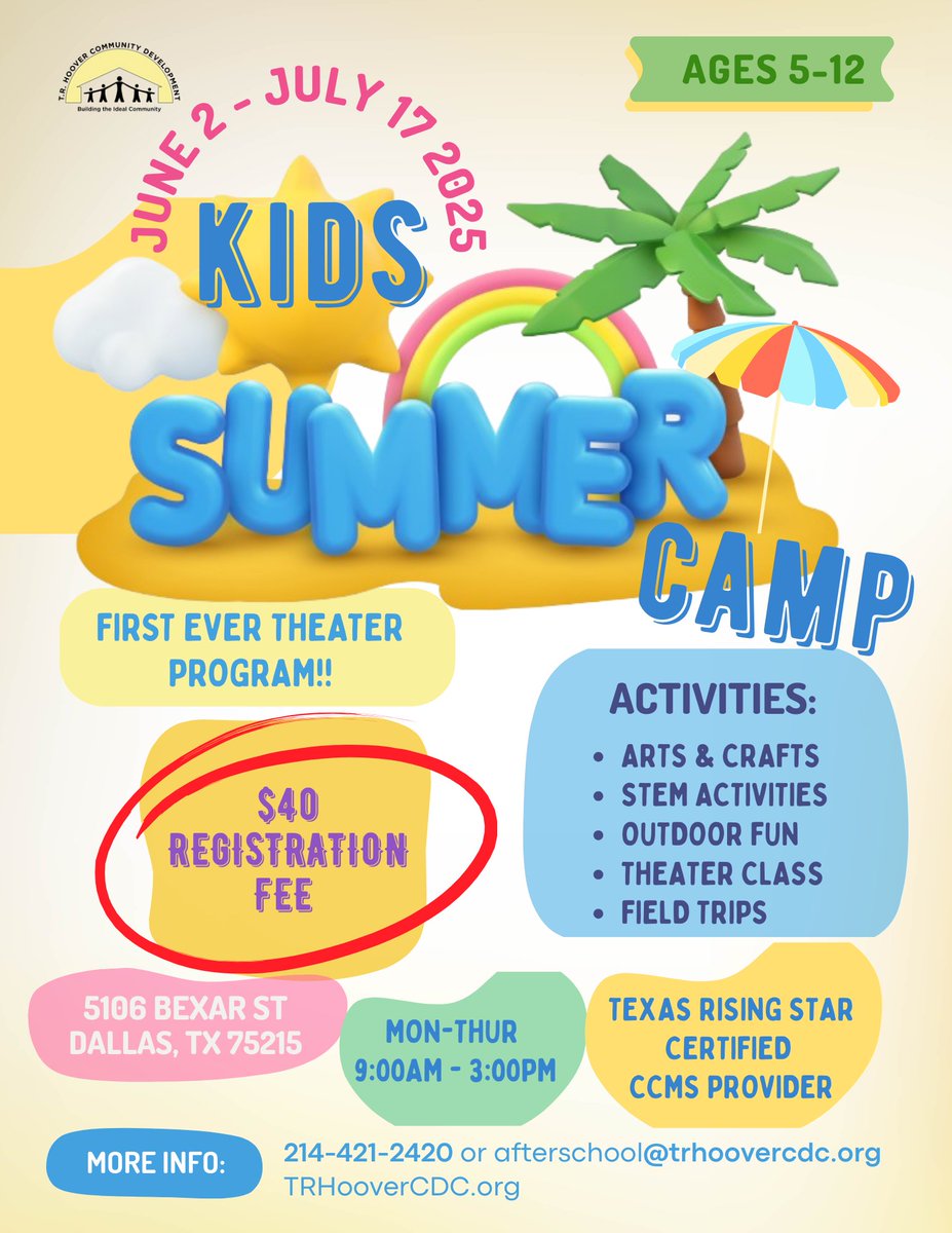 🌟 Summer Camp 2025 Starts June 2! 🌟
Join us for an amazing summer filled with fun activities, including our first-ever Theater Class, exciting workshops, and field trips!
📅 Registration Fee: $40 (Due by May 23)
Spaces are limited—sign up now!