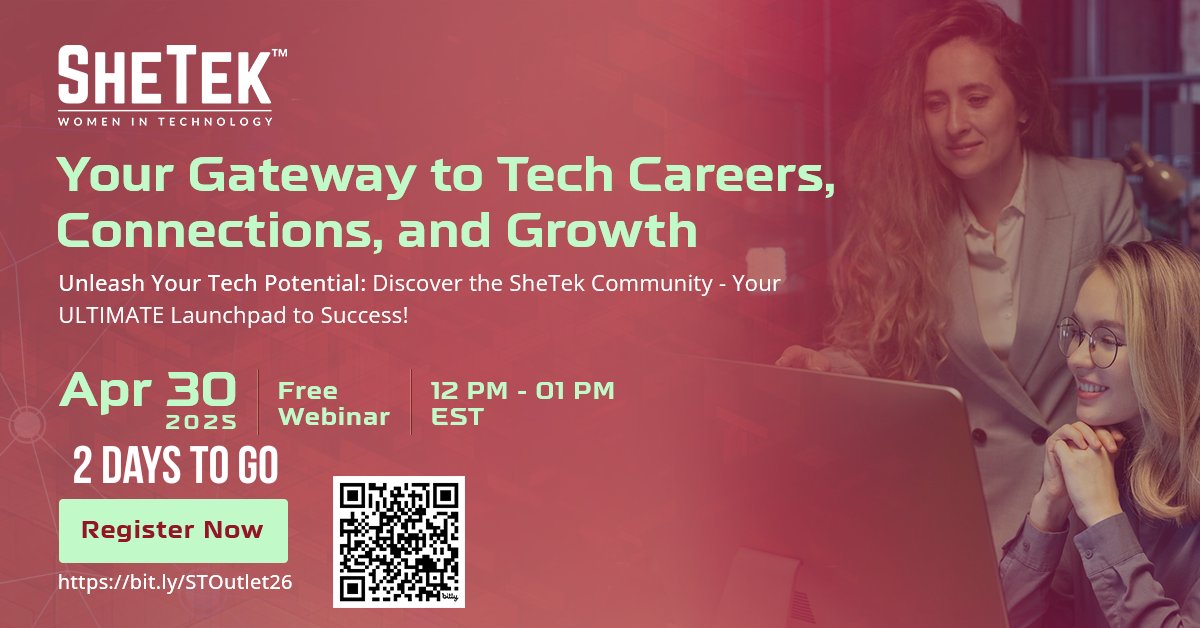 Tech is a rewarding, exciting field! But it can be challenging for women. Open the door to a supportive network of other women in tech! Join our free webinar and find out more!

bit.ly/STOutlet26

#SheTek #WomenInTech #WomenSupportingWomen  #EmpowerWomen #freewebinar