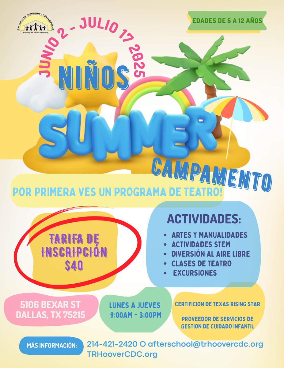 🌟 ¡Campamento de Verano 2025 el 2 de Junio! 🌟

Un verano increíble lleno de diversión: clase de teatro, talleres dinámicos y excursiones emocionantes.
📅 Inscripción: $40 (Pago antes del 23 de mayo)
¡Espacios limitados—inscríbete ahora!
