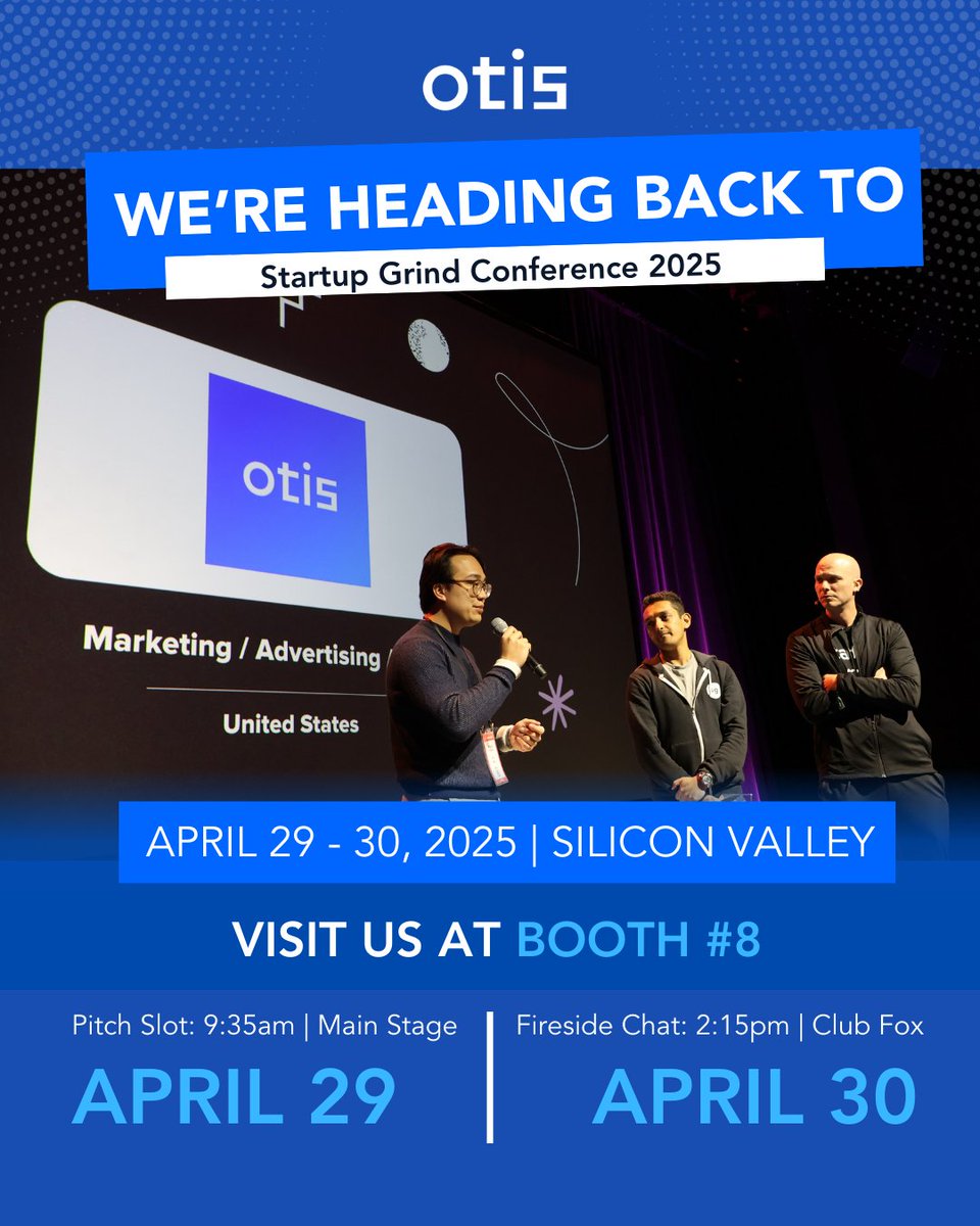 Otis AI (@otis_ai) on Twitter photo <a href="/otis_ai/">Otis AI</a> is returning to <a href="/StartupGrind/">Startup Grind</a> Conference🚀
Find us at Booth #8 (April 29–30) and catch our pitch on the Main Stage at 9:35 am on April 29.
Plus: <a href="/miguelmeep/">Miguel Guerrero</a> speaks April 30, 2:15 pm at Club Fox on scaling from Seed to Series A!
See you there!🙌 <a href="/otis_ai/">Otis AI</a> is returning to <a href="/StartupGrind/">Startup Grind</a> Conference🚀
Find us at Booth #8 (April 29–30) and catch our pitch on the Main Stage at 9:35 am on April 29.
Plus: <a href="/miguelmeep/">Miguel Guerrero</a> speaks April 30, 2:15 pm at Club Fox on scaling from Seed to Series A!
See you there!🙌