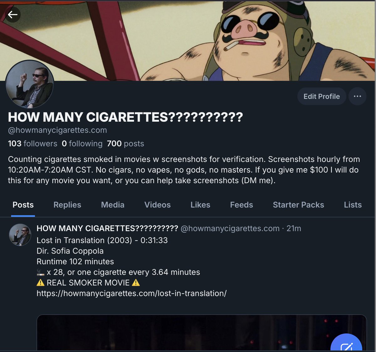 CIGARETTEMOVIES's tweet image. If you want to see the same bullshit that gets posted here but don't want to use this platform remember that the basis of this account is the website howmanycigarettes.com, but we also have accounts on Bluesky (bsky.app/profile/howman…) and Instagram (instagram.com/cigarettemovie…)