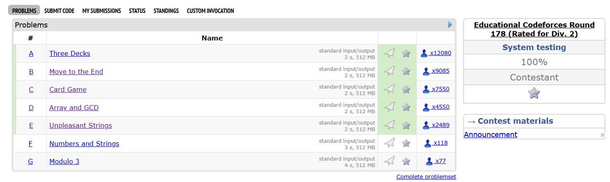 VedantRawa11119's tweet image. Probably easiest Edu Round till now.
I still messed up with implementation and wasted hell lot of time debugging my solution for D and E :/
#codeforces #competitveprogramming