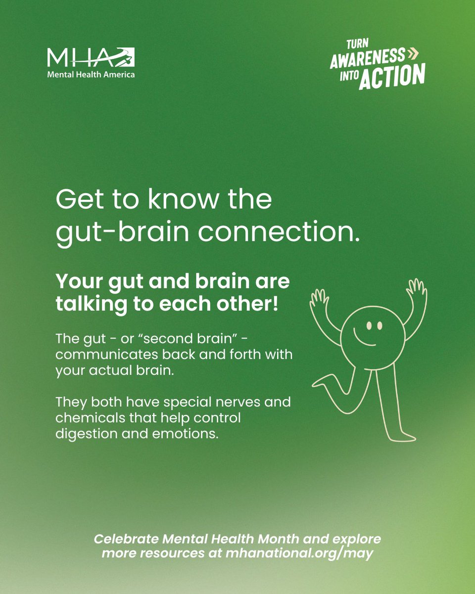 Did you know your gut and your brain are talking to each other? 🤔 Learning about the gut-brain connection can help you improve your physical and mental health. 
Learn more: mhanational.org/resources/the-…
#TurnAwarenessIntoAction #MHM2025