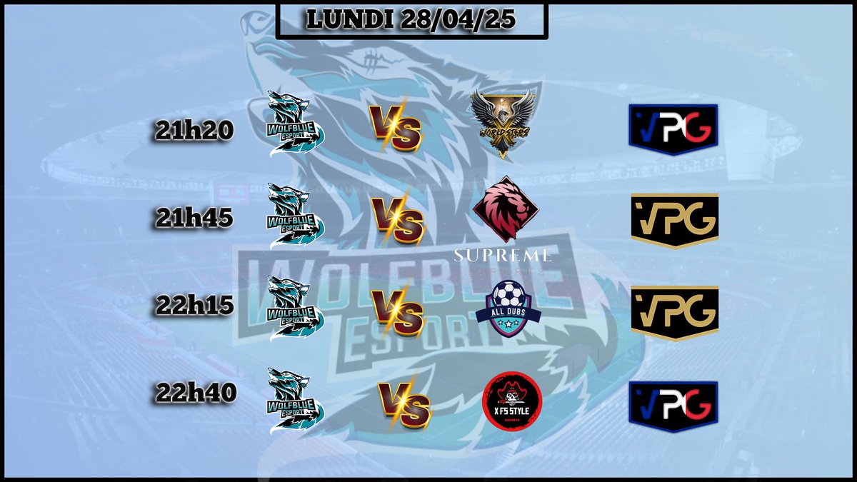 Wolfblue Esport (@esportwolfblue) on Twitter photo Bonjour
Nos 11 Loups sont de sorties ce soir dans 4 match intense.
⏲ 21h20⏲
Wolfblue Esport 🆚 <a href="/xWorld_St4rs/">xWorld St4rs</a> 🇫🇷
⏲ 21h45 ⏲
Wolfblue Esport 🆚 <a href="/VPGSupremeEsp/">Supreme Esports</a> 🇪🇺
⏲ 22h15⏲
Wolfblue Esport 🆚 <a href="/alldubsgaming/">All Dubs Gaming</a> 🇪🇺
⏲ 22h40 ⏲
Wolfblue Esport 🆚 X FS Style Esport 🇫🇷
Enjoy Bonjour
Nos 11 Loups sont de sorties ce soir dans 4 match intense.
⏲ 21h20⏲
Wolfblue Esport 🆚 <a href="/xWorld_St4rs/">xWorld St4rs</a> 🇫🇷
⏲ 21h45 ⏲
Wolfblue Esport 🆚 <a href="/VPGSupremeEsp/">Supreme Esports</a> 🇪🇺
⏲ 22h15⏲
Wolfblue Esport 🆚 <a href="/alldubsgaming/">All Dubs Gaming</a> 🇪🇺
⏲ 22h40 ⏲
Wolfblue Esport 🆚 X FS Style Esport 🇫🇷
Enjoy
