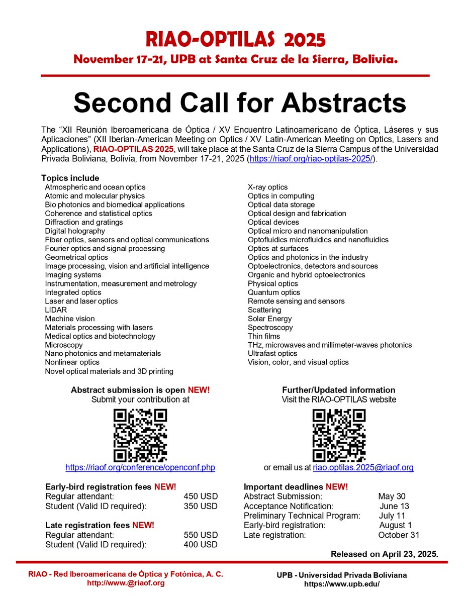 The Second Call for Abstracts to be submitted to the #RIAOOPTILAS2025 is now out: riaof.org/wp-content/upl…

Please submit your abstract before May 30:  riaof.org/conference/ope…

See you in Bolivia on November 17-21, this year!