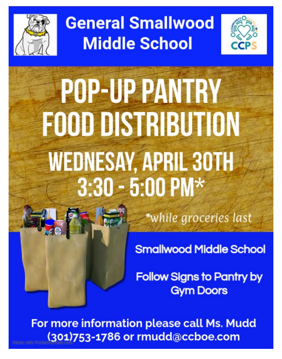 Please stop by for the Pop-up Pantry Food Distribution this Wednesday, 4/30 from 3:30-5:30 while groceries last. Follow signs to the pantry by the gym doors. #Smallwoodstrong