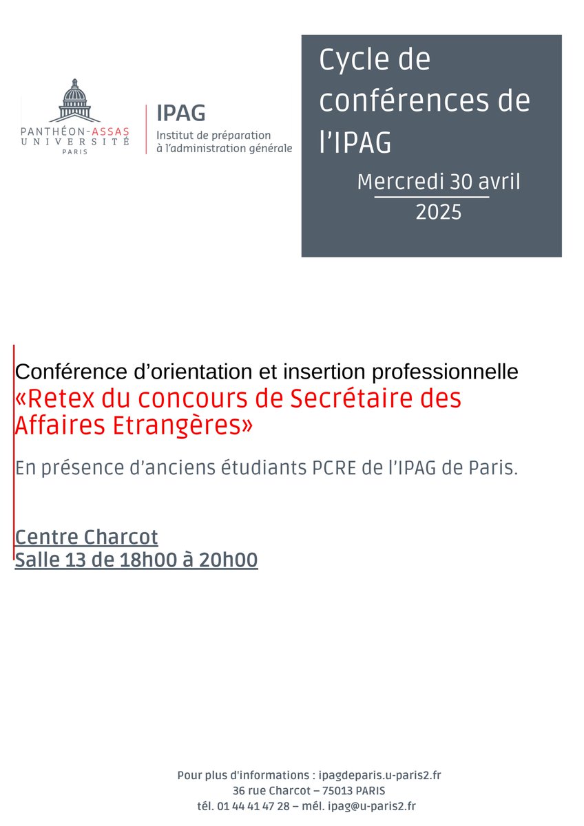 Nos conférences reprennent demain à l’#IPAGdeParis !
📅 22/04 à 12h30 : <a href="/AudeGery/">Aude GERY</a> sur la conflictualité dans le cyberespace.
📅 30/04 à 18h : Retex d’anciens étudiants sur le concours de Secrétaire des Affaires étrangères.
#ConfAssas #ChoisirLeServicePublic