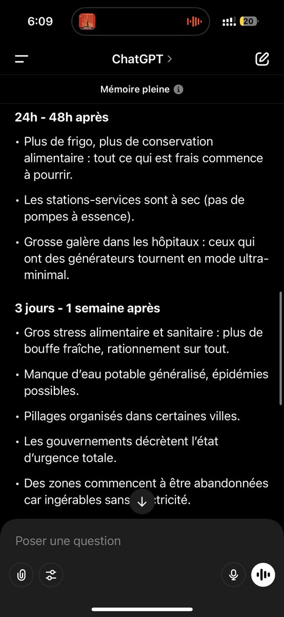 J’ai demandé par curiosité à Chat GPT de dire ce qu’il se passerait chronologiquement en cas de panne général européenne, et bah quand on regarde les réactions en Espagne, il a tout juste. 

Imaginez juste alors à quel point on depend de l’électricité. #panne