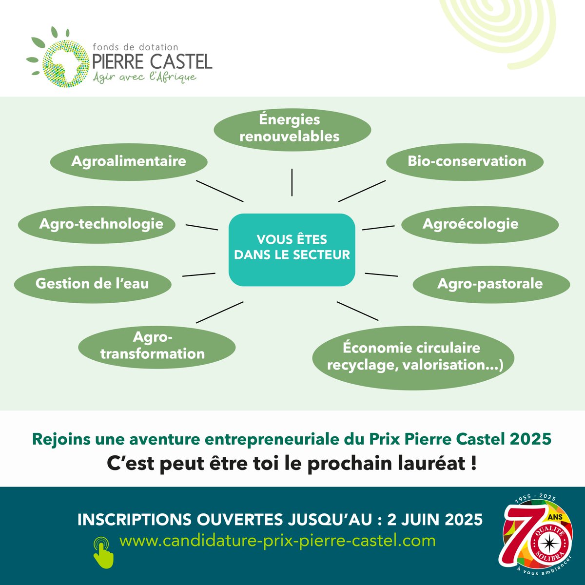 C'est le moment de briller avec le Prix Pierre Castel 2025 !
Inscris-toi vite  candidature-prix-pierre-castel.com
Rejoins l'aventure entrepreneuriale du Prix Pierre Castel 2025… Fais parler ton talent !
#PrixPierreCastel #EntrepreneuriatJeune #Innovation