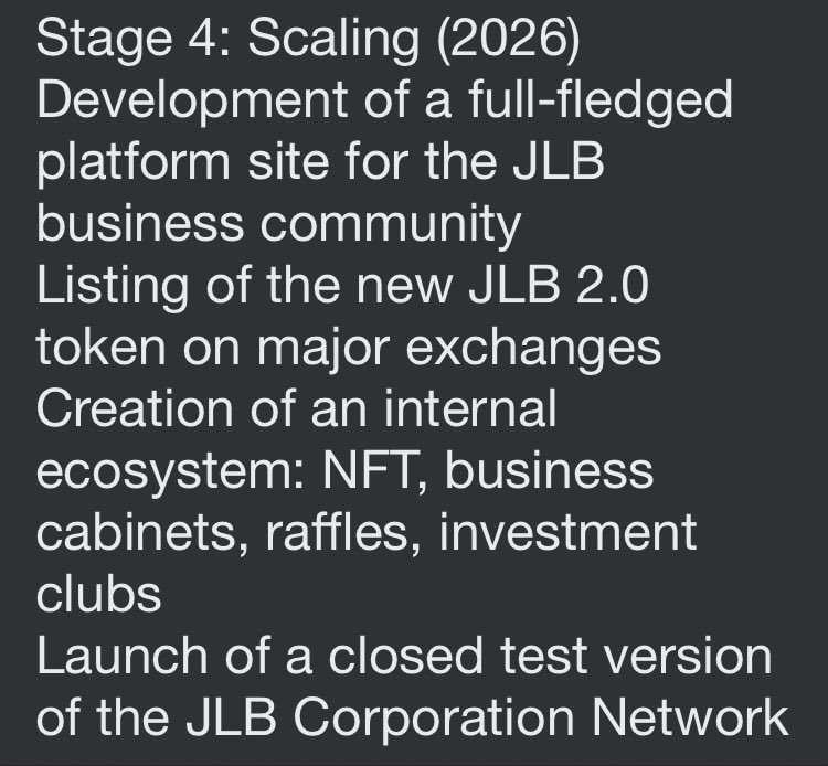 jlb_corp's tweet photo. JLB Roadmap:😎
#JLB #Blum #token #coin #crypto #corporation #news https://t.co/YcvkqJ2QWy