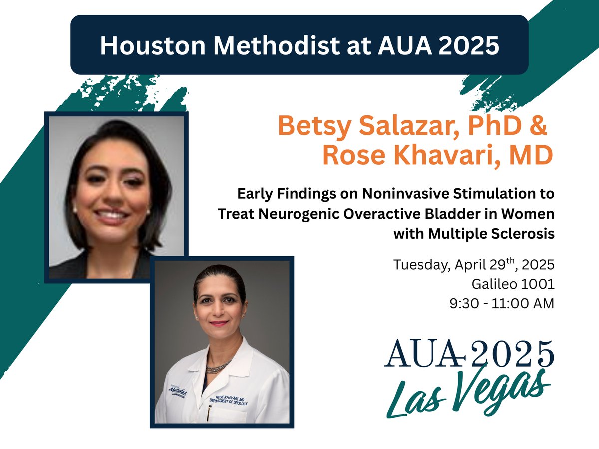 Houston Methodist Urology and Residency Program (@hmethodisturo) on Twitter photo Join <a href="/BetsySalazarPhD/">Betsy Salazar</a> & <a href="/rosekhavari/">Rose Khavari MD</a> at #AUA25 tomorrow presenting, "Early Findings on Noninvasive Stimulation to Treat Neurogenic Overactive Bladder in Women with Multiple Sclerosis"
๐ 9:30 - 11:00 AM
๐บ๏ธ Galileo 1001
<a href="/AmerUrological/">Amer. Urol. Assn.</a> Join <a href="/BetsySalazarPhD/">Betsy Salazar</a> & <a href="/rosekhavari/">Rose Khavari MD</a> at #AUA25 tomorrow presenting, "Early Findings on Noninvasive Stimulation to Treat Neurogenic Overactive Bladder in Women with Multiple Sclerosis"
๐ 9:30 - 11:00 AM
๐บ๏ธ Galileo 1001
<a href="/AmerUrological/">Amer. Urol. Assn.</a>