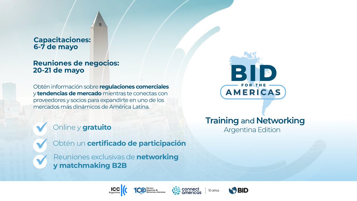 connectamericas's tweet image. 🌎 ¿Quieres hacer negocios en Argentina?
Accede a capacitaciones gratuitas sobre comercio, inversión y contratación pública en BID for the Americas Training & Networking: Edición Argentina.
📅 6 y 7 de mayo | 100% online
🎯 Conexiones + matchmaking virtual
Inscríbete aquí 👉…
