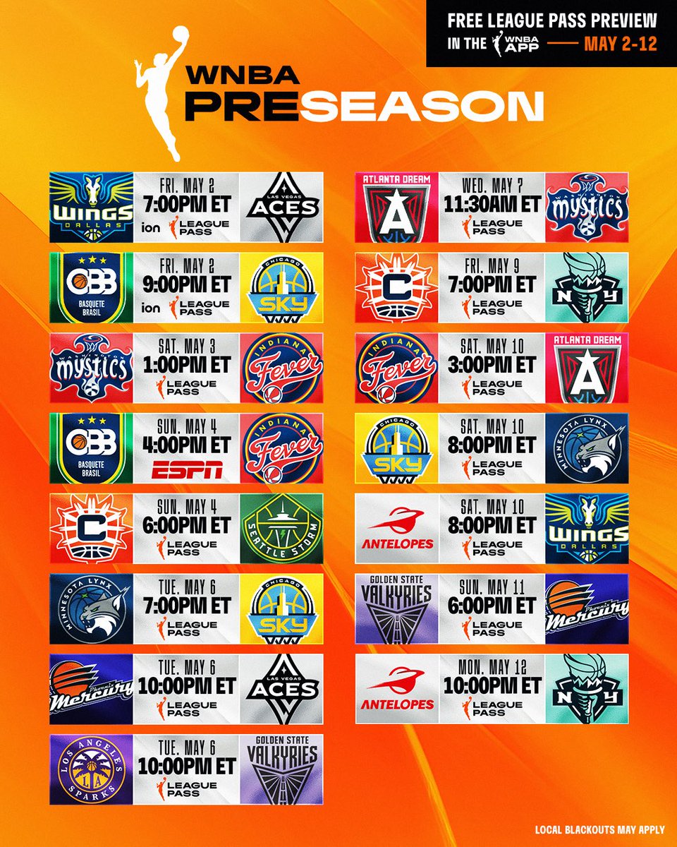 Preseason STARTS FRIDAY! And we're giving you ALL the ways to watch 👀

First on ION. Paige Bueckers makes her Wings debut against A’ja Wilson and the re-loaded Aces roster. Then, Kamilla Cardoso and Angel Reese kick off their sophomore campaigns against the Brazilian National