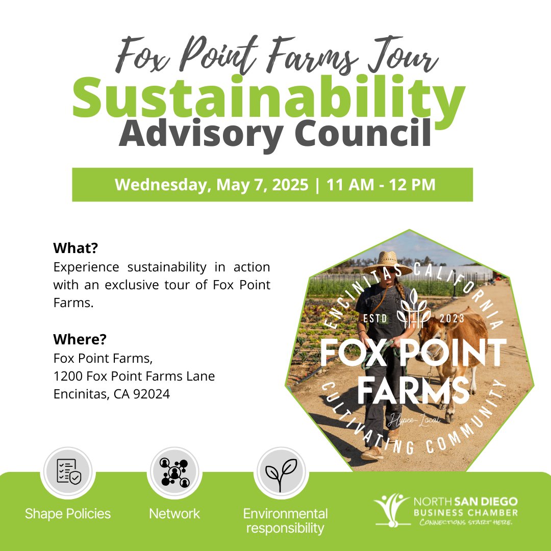 sdbizchamber's tweet image. We’re trading Zoom for sunshine on May 7! Join us at @foxptfarms for a behind-the-scenes look at a community built on sustainability, wellness &amp;amp; connection.

Register today!  ow.ly/XWfE50VCt09

#nsdbc #chamber #sandiego #sustainability #connect #microeconomy