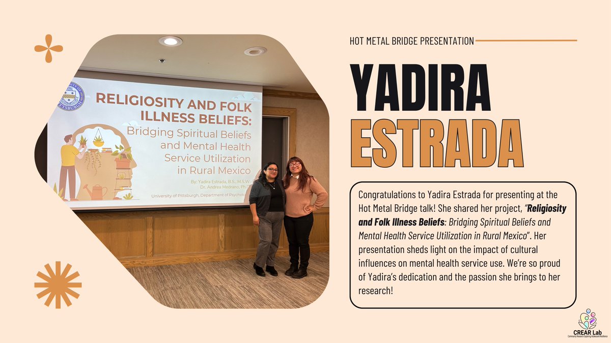 CREAR Lab (@labcrear) on Twitter photo Congratulations to <a href="/yadiraestrada00/">Yadira Estrada</a> for her wonderful Hot Metal Bridge talk! She presented "Religiosity and Folk Illness Beliefs," highlighting how spiritual frameworks impact mental health utilization in rural Mexico, an underserved area in the literature. Amazing job, Yadira! Congratulations to <a href="/yadiraestrada00/">Yadira Estrada</a> for her wonderful Hot Metal Bridge talk! She presented "Religiosity and Folk Illness Beliefs," highlighting how spiritual frameworks impact mental health utilization in rural Mexico, an underserved area in the literature. Amazing job, Yadira!