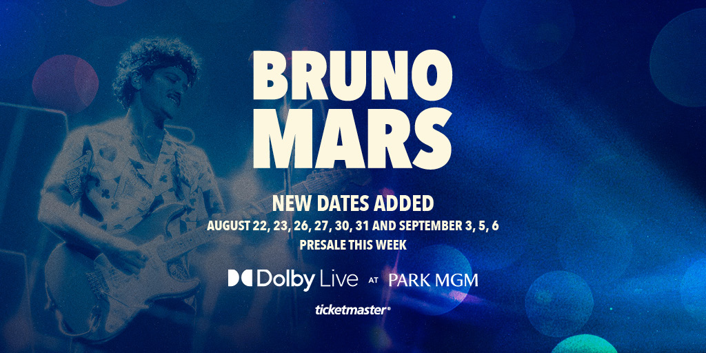 He's back to give you an unforgettable Las Vegas night ✨ 
@brunomars returns to Dolby Live this August-September.
Tickets on sale Friday, May 2 at 10 AM 🎫: mgm.parkmgm.com/u7xwfcwk
VIP Packages presale available on Wednesday, April 30 at 10 AM.