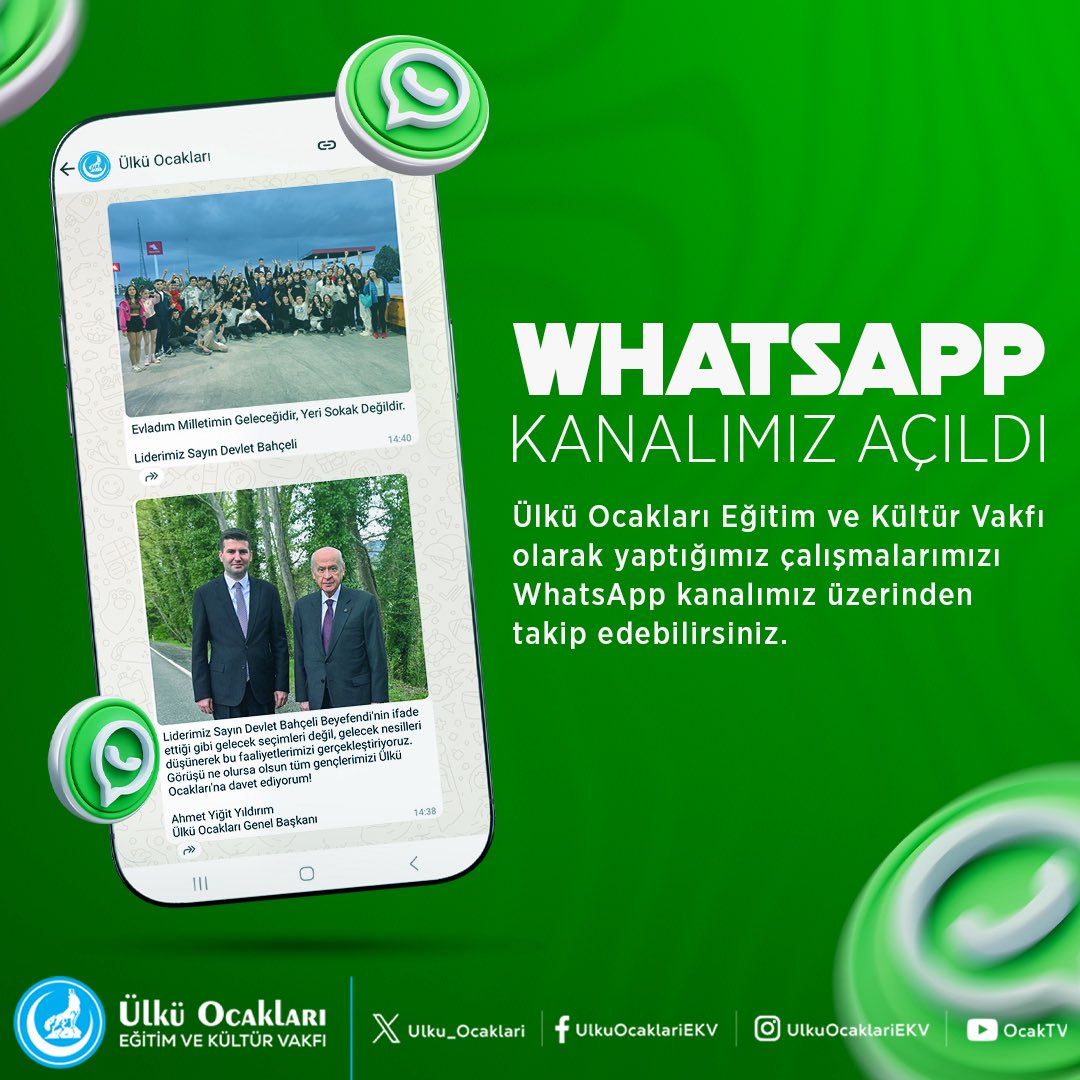 Ülkü Ocakları Eğitim ve Kültür Vakfı resmî Whatsapp kanalımız açılmıştır.

Çalışmalarımızı takip etmek için kanalımızın bağlantısı: whatsapp.com/channel/0029Vb…