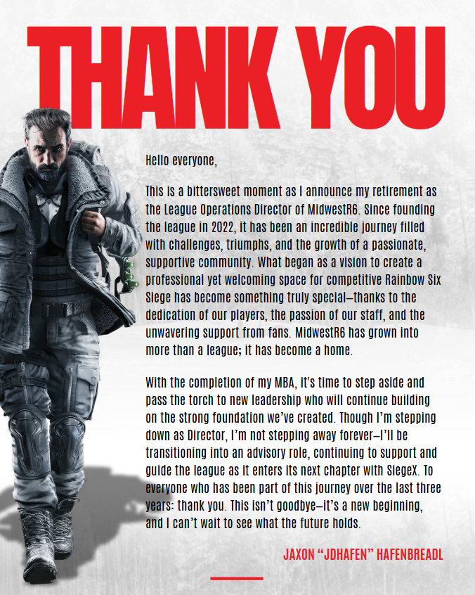 MidwestR6's tweet image. Thank you, jdhafen (founder)
We wish you the best of luck in your future endeavors!
#MidwestR6 | @R6esportsNA