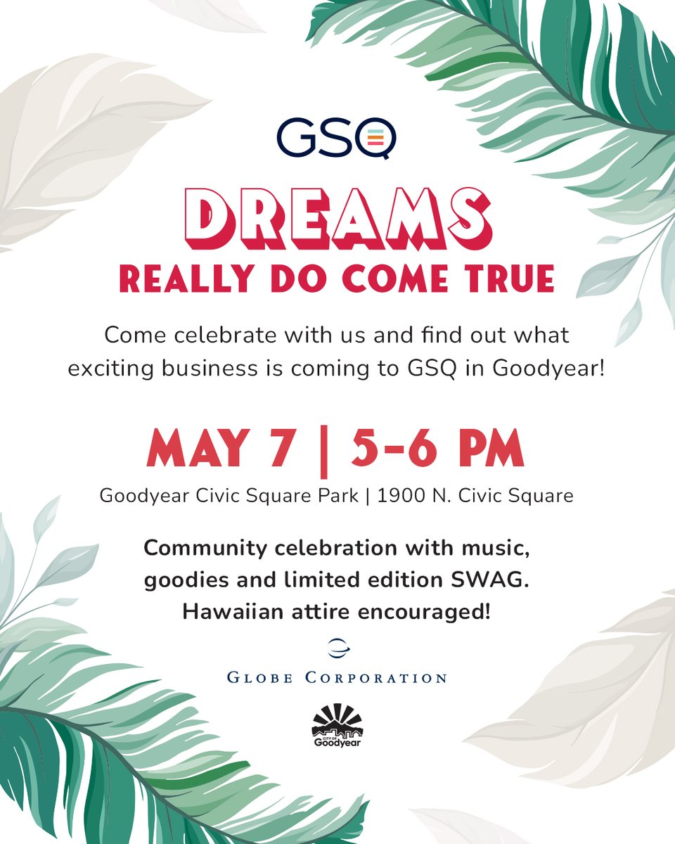 🎉 What’s coming to GSQ?
Find out Wednesday, May 7, 5–6 p.m. at Goodyear Civic Square Park! 🌺
#GSQ #GlobeCorporation #REDDevelopment

<a href="/azfamily/">azfamily 3TV CBS 5</a> <a href="/12News/">12 News</a> <a href="/abc15/">ABC15 Arizona</a> <a href="/azcentral/">azcentral</a> <a href="/WestValleyView/">West Valley View</a> <a href="/FOX10Phoenix/">FOX 10 Phoenix</a> <a href="/WESTMARC/">WESTMARC</a> <a href="/KTAR923/">KTAR News 92.3</a>