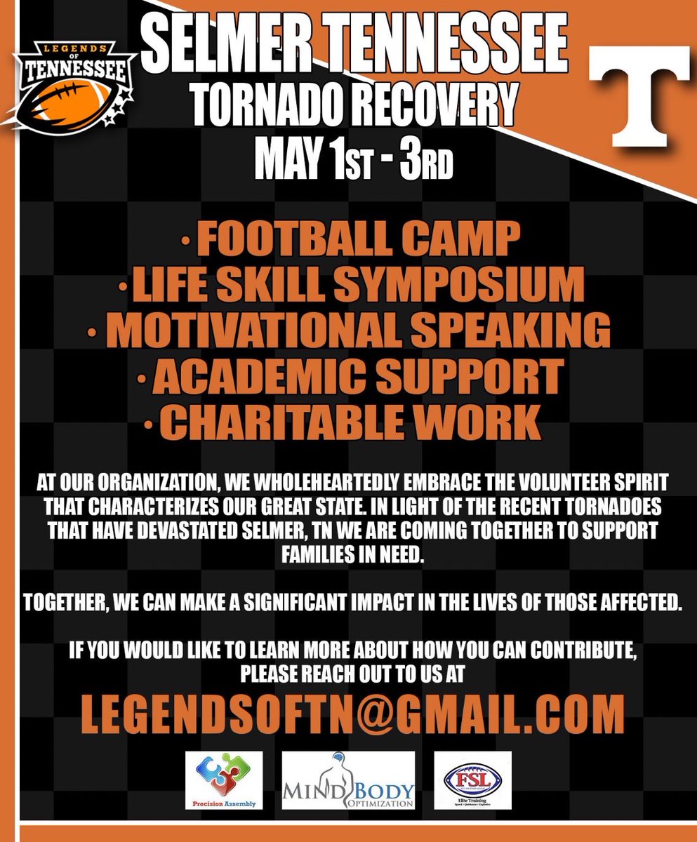 Juice Davis (@jabaridavis_vfl) on Twitter photo 🚨 This weekend, our <a href="/LegendsofTN/">LegendsofTennessee</a> staff of #VFLs are headed to Selmer, TN to support the community affected by the recent tornado. We'll be there for 3 days to help families in need. If you want to join us or need assistance, reach out! #TennesseeStrong 🧡💪🏾
#SelmerStrong 🧡💪🏻 🚨 This weekend, our <a href="/LegendsofTN/">LegendsofTennessee</a> staff of #VFLs are headed to Selmer, TN to support the community affected by the recent tornado. We'll be there for 3 days to help families in need. If you want to join us or need assistance, reach out! #TennesseeStrong 🧡💪🏾
#SelmerStrong 🧡💪🏻