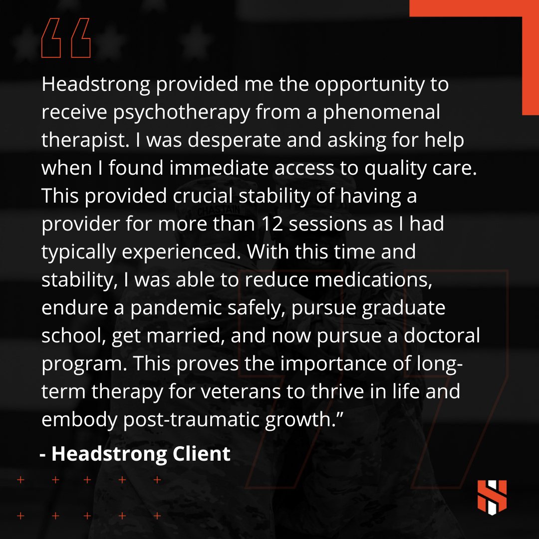 Real healing takes time - and the right support. One veteran found stability through trauma-focused therapy with Headstrong:

✔️ Reduced meds
✔️ Endured the pandemic
✔️ Earned grad &amp; doctoral degrees
✔️ Got married

Healing is possible.

🔗 theheadstrongproject.org/get-help/