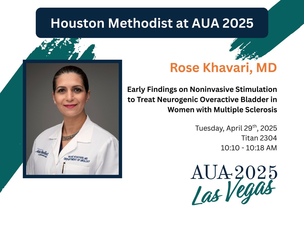 Houston Methodist Urology and Residency Program (@hmethodisturo) on Twitter photo Join <a href="/rosekhavari/">Rose Khavari MD</a> at #AUA25 tomorrow presenting, "Early Findings on Noninvasive Stimulation to Treat Neurogenic Overactive Bladder in Women with Multiple Sclerosis"
🕑 10:10 - 10:18 AM
🗺️ Titan 2304
<a href="/AmerUrological/">Amer. Urol. Assn.</a> Join <a href="/rosekhavari/">Rose Khavari MD</a> at #AUA25 tomorrow presenting, "Early Findings on Noninvasive Stimulation to Treat Neurogenic Overactive Bladder in Women with Multiple Sclerosis"
🕑 10:10 - 10:18 AM
🗺️ Titan 2304
<a href="/AmerUrological/">Amer. Urol. Assn.</a>