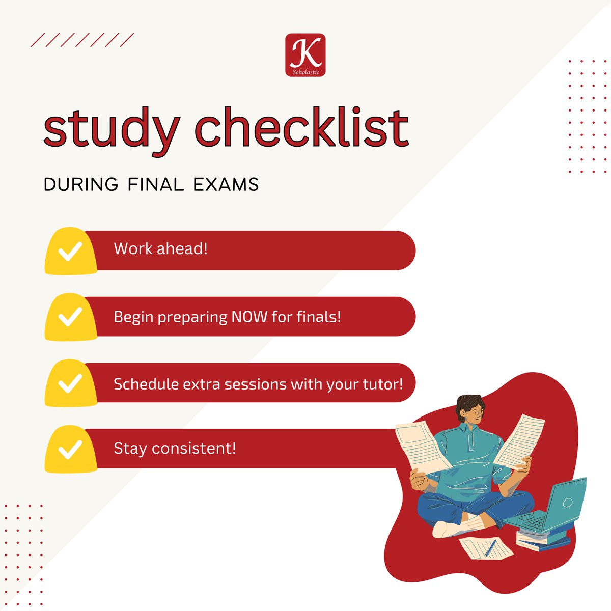 Kscholasticinc's tweet image. It’s that time of year again! Here are some tips to finish the year strong 💯

#kscholastic #tutors #houstontutor #tutoring #education #tutoringservices #sattutor #finalexams #executivefunction