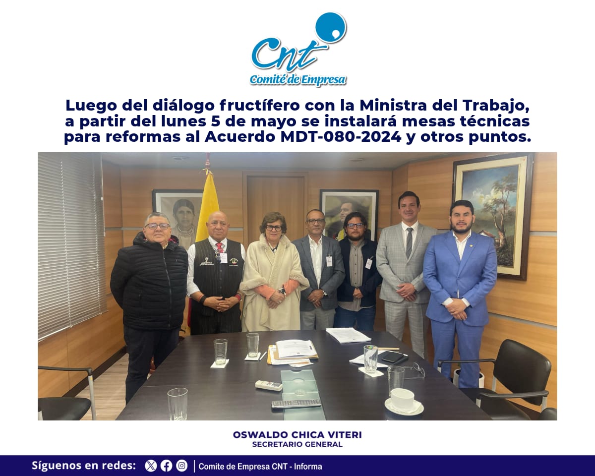 CntComite's tweet photo. Fructífero dialogo con la Ministra del Trabajo @ivonneabogada, a partir del lunes 5 se instalará mesas técnicas para reformas al Acuerdo MDT-080-2024 y otros puntos.
@MinTrabajoEc 
#TrabajadoresUnidos https://t.co/OQVc2CWPb9