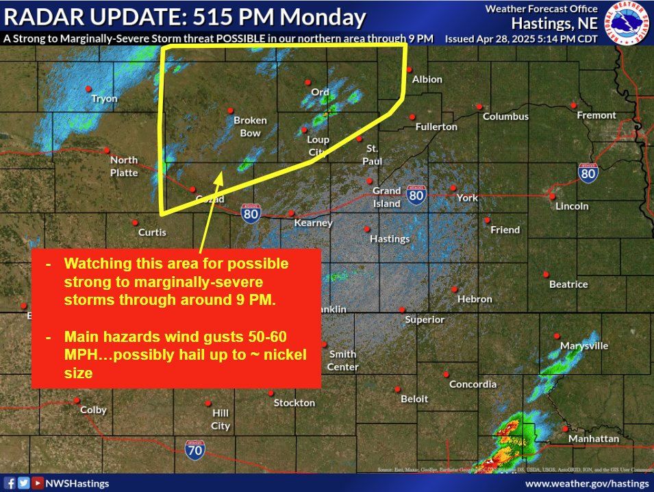 RADAR UPDATE: While OUR FORECAST AREA will not see widespread thunderstorm activity this evening, a few of our far northern counties (mainly Dawson/Sherman/Howard/Greeley/Valley/Nance) could perhaps see a few strong to marginally-severe storms through around 9 PM. #NEwx
