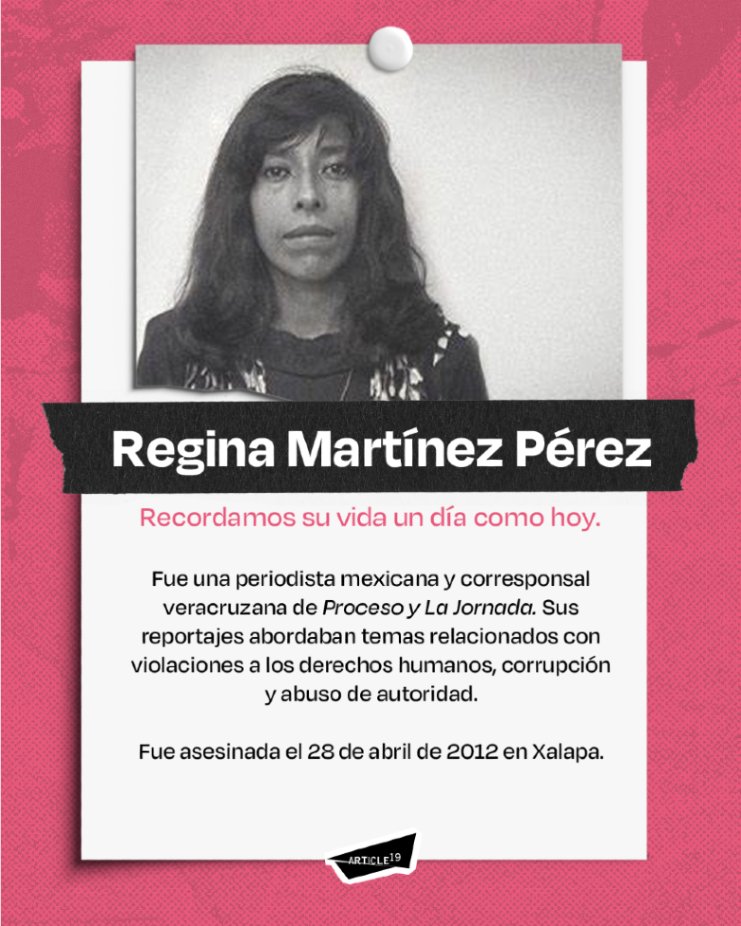 article19mxca's tweet photo. 🕯️ Hoy se cumplen 13 años de impunidad en el asesinato de Regina Martínez.

Martínez investigaba sobre derechos humanos, delincuencia organizada y vínculos entre grupos del crimen organizado y funcionarios de #Veracruz.

📣 ¡Seguimos exigiendo justicia por Regina! https://t.co/nqn4bOeqrK