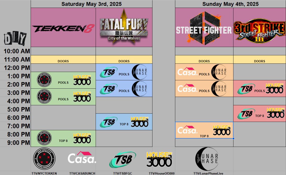 D.I.Y (@diyfgc) on Twitter photo Couldn’t make it to #DIY2025 in person? You know what to do. Familiarize yourself with our Stream line-up for the weekend so you don’t miss a single moment unfold.
📺 - <a href="/TSB_FGC/">TSB</a> <a href="/NycTekken/">NYC TKN</a> <a href="/CasaBunch/">Casa</a> <a href="/LunarPhaseProd/">Lunar Phase</a> <a href="/Ho3kNYC/">House Of 3000</a> Couldn’t make it to #DIY2025 in person? You know what to do. Familiarize yourself with our Stream line-up for the weekend so you don’t miss a single moment unfold.
📺 - <a href="/TSB_FGC/">TSB</a> <a href="/NycTekken/">NYC TKN</a> <a href="/CasaBunch/">Casa</a> <a href="/LunarPhaseProd/">Lunar Phase</a> <a href="/Ho3kNYC/">House Of 3000</a>