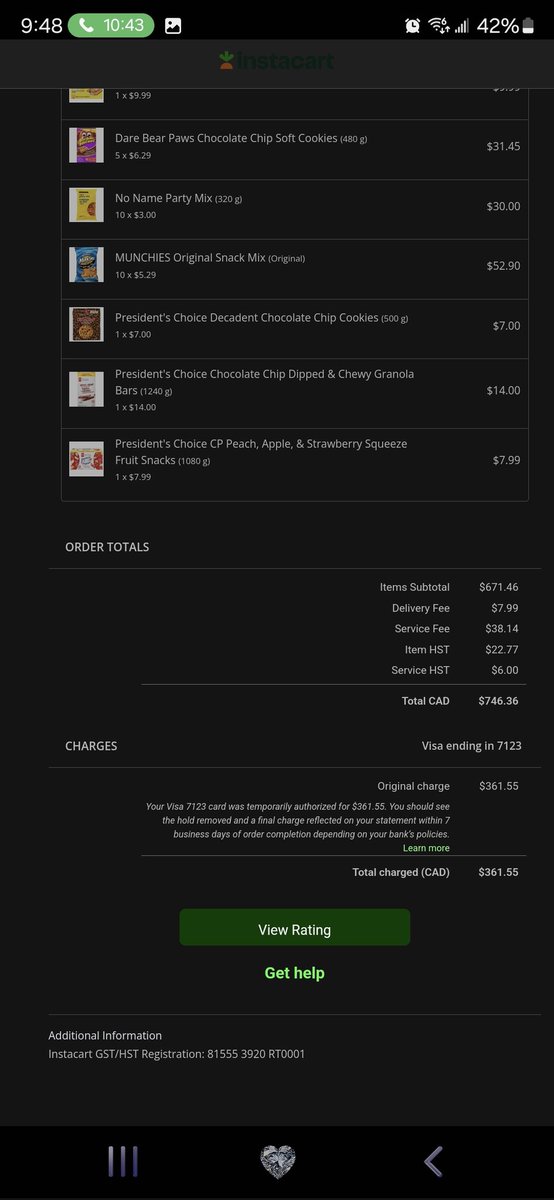 Tiffany_LF's tweet photo. Nearly a month ago, I placed an order for groceries as my vehicle was out of commission. The order was authorized for $361. The order came to $746 and was never delivered. Instacart support has been of no assistance, and has been evasive. Unacceptable.

@Instacart @InstacartHelp https://t.co/WFqyDn1NML