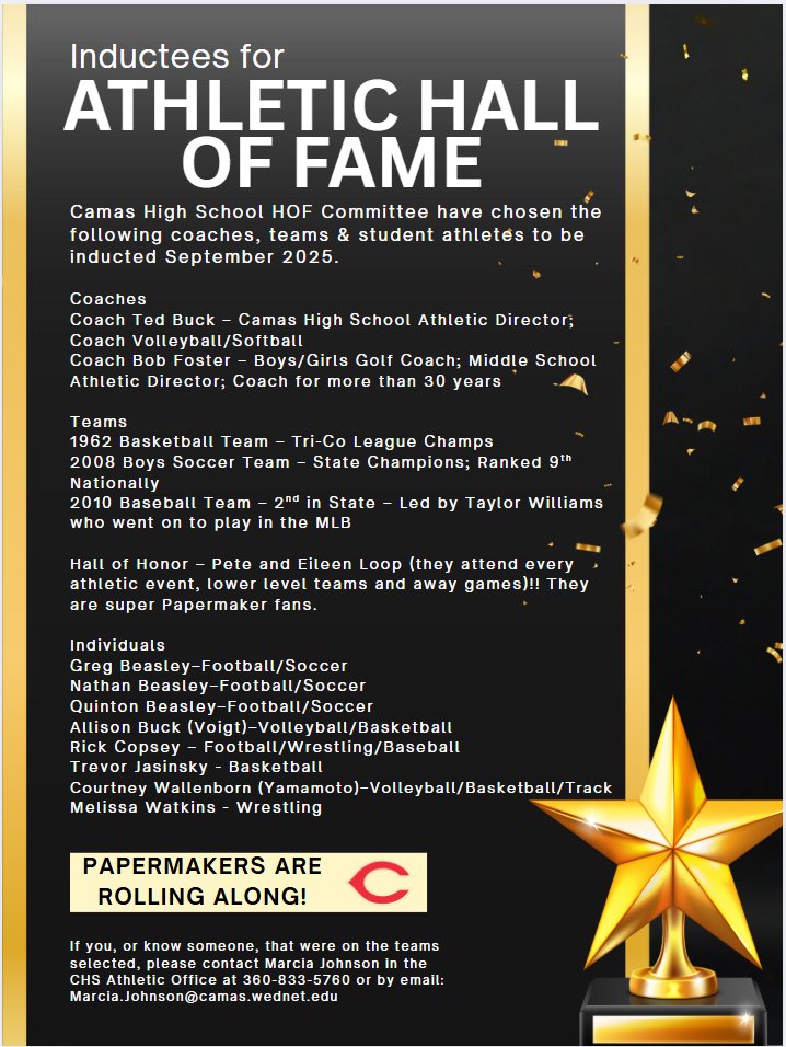 📣BIG ANNOUNCEMENT📣

Congratulations to the Camas Athletics Hall of Fame Class of 2025!!  We can’t wait to honor each recipient next fall and celebrate our school’s rich history! #RollMakers