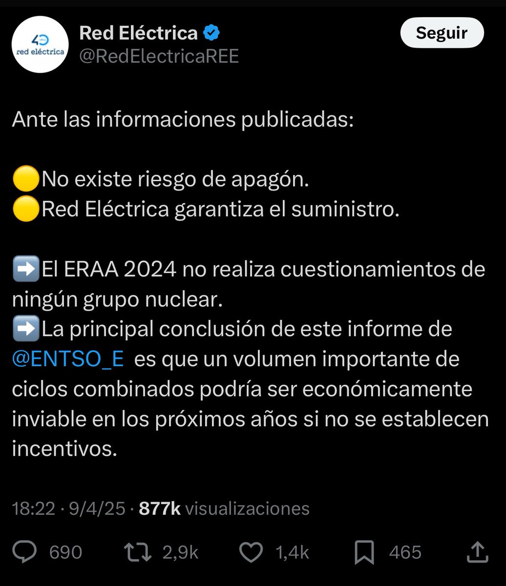 Comunicado de Red Eléctrica el pasado 9 de abril👇🏻👇🏻