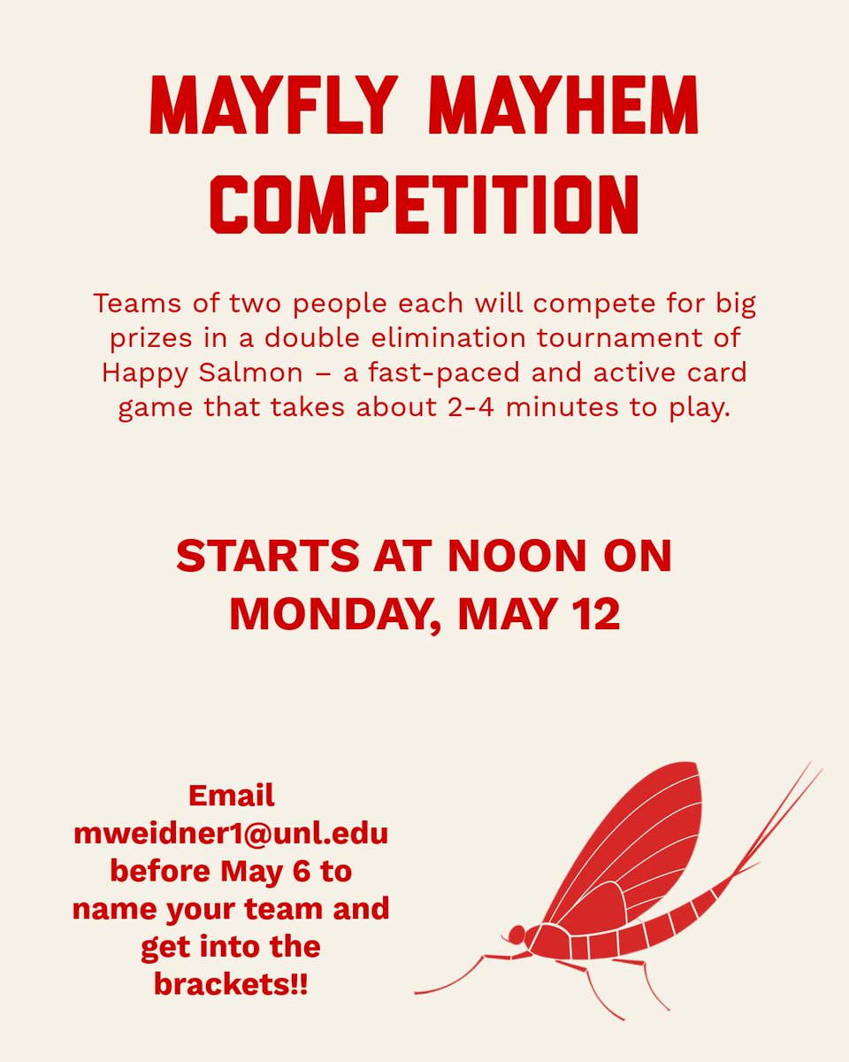 Nebraska Entomology (@unlentomology) on Twitter photo Email mweidner1@unl.edu before May 6 to participate in our Mayfly Mayhem Competition. We hope to see you there! Email mweidner1@unl.edu before May 6 to participate in our Mayfly Mayhem Competition. We hope to see you there!