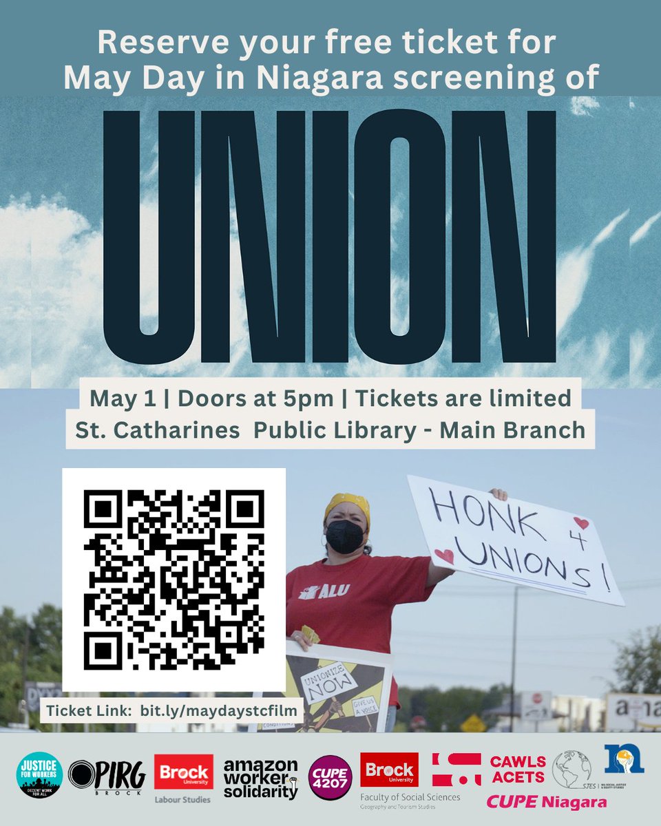 Society of United Professionals (@thesocietysays) on Twitter photo Celebrate #MayDay in #Niagara with a free film screening of UNION! See the extraordinary efforts of an unlikely group of Amazon warehouse workers as they launch a grassroots union campaign in Staten Island. <a href="/OPIRGBROCK/">OPIRG-BROCK</a> <a href="/BrockLabour/">Brock Labour Studies</a>
Tickets: bit.ly/maydaystcfilm Celebrate #MayDay in #Niagara with a free film screening of UNION! See the extraordinary efforts of an unlikely group of Amazon warehouse workers as they launch a grassroots union campaign in Staten Island. <a href="/OPIRGBROCK/">OPIRG-BROCK</a> <a href="/BrockLabour/">Brock Labour Studies</a>
Tickets: bit.ly/maydaystcfilm