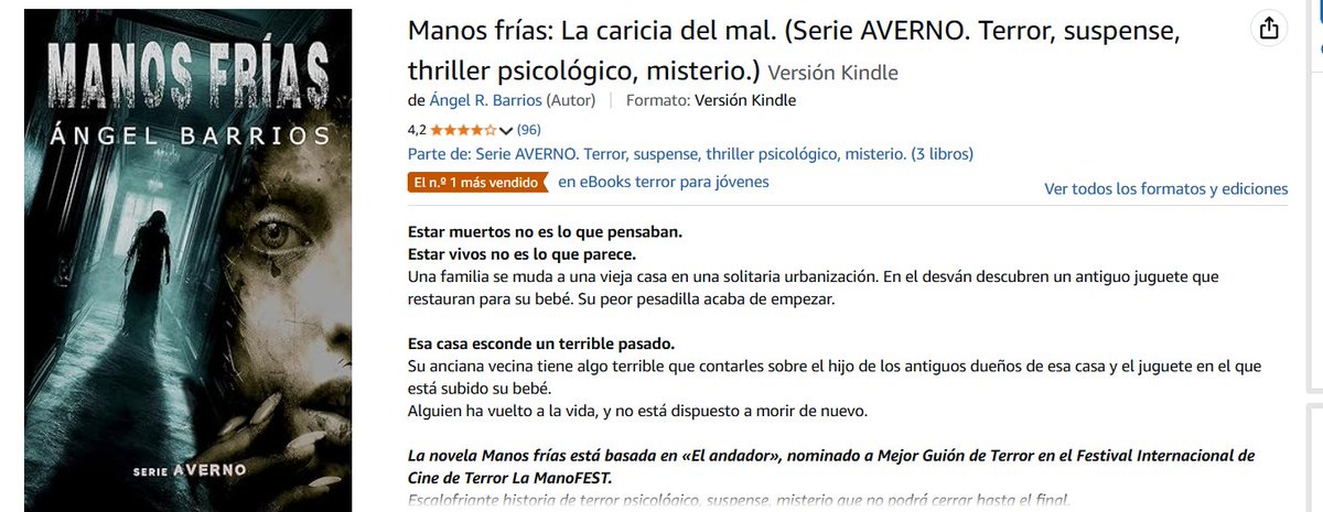 arbarrios20's tweet photo. GRATIS con tu suscripción a #amazonprime y #KindleUnlimited
Nº 1 en #ebbok de su categoría.
Descarga aquí: https://t.co/h1dF9q3VTy
MANOS FRÍAS
Disponible en:
#ebook 2,99
#libro 12,95
#KindleUnlimited gratis
De la Serie AVERNO
#books #Bookstagram #Terror https://t.co/dW6ecHjB8O